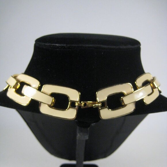 Vintage Chunky Goldtone Cream Enamel Link Chain Necklace 18 inch Collar Statemen - Picture 7 of 9